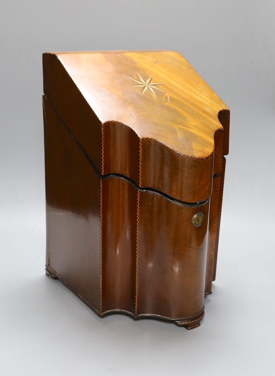 George III inlaid mahogany knife box, converted to a stationary box, 38 cms high